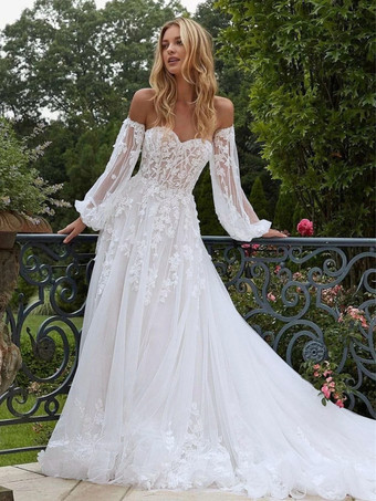 WeißBrautkleider Sweetheart Neck Abnehmbare Ärmel Mit Schleppe Spitze Brautkleider