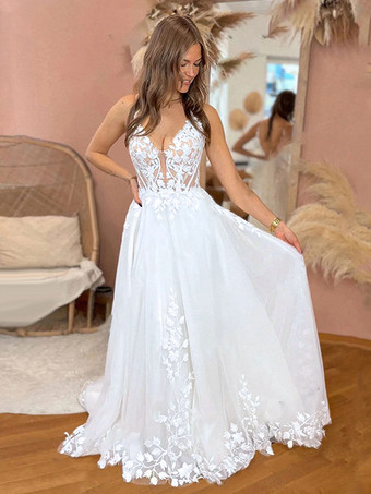 WeißSpitzen-Brautkleid mit Schleppe A-Linie ärmellos Tüll V-Ausschnitt