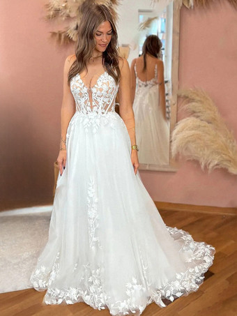 elfenbeinfarbeSpitzen-Brautkleid mit Schleppe A-Linie ärmellos Tüll V-Ausschnitt