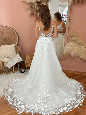 Spitzen-Brautkleid mit Schleppe A-Linie ärmellos Tüll V-Ausschnitt