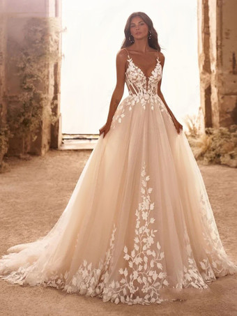 レースのウェディングドレス、トレーン付きAライン、ノースリーブ、チュール、Vネックのブライダルガウン