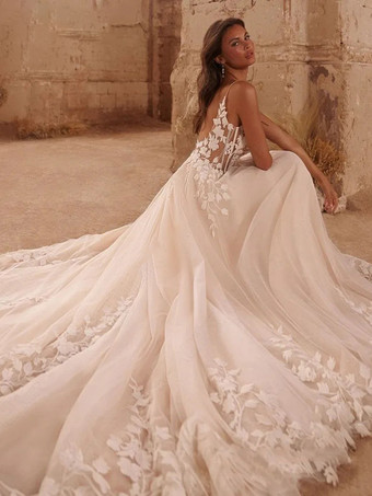 Spitzen-Brautkleid mit Schleppe A-Linie ärmellos Tüll V-Ausschnitt