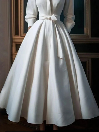ヴィンテージウェディングドレス、デザインネックライン、7分袖、ナチュラルウエスト、サテン生地、ティーレングスサッシュブライダルガウン