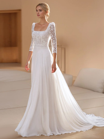 ホワイトボヘミアンウェディングドレス シフォン カットアウト Aライン トレーン付き ナチュラルウエスト バックレス 7分袖 スクエアネック アイボリー