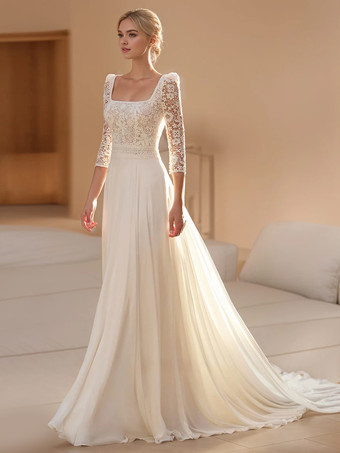 ボヘミアンウェディングドレス シフォン カットアウト Aライン トレーン付き ナチュラルウエスト バックレス 7分袖 スクエアネック アイボリー