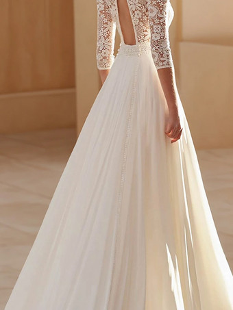 ボヘミアンウェディングドレス シフォン カットアウト Aライン トレーン付き ナチュラルウエスト バックレス 7分袖 スクエアネック アイボリー