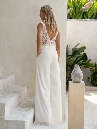 ブライダルジャンプスーツ シフォン カットアウト フロアレングス ジャンプスーツ Vネック ノースリーブ ナチュラルウエスト ホワイト