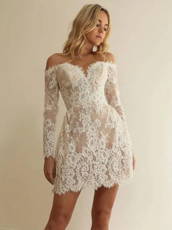 Abito da sposa corto con scollo a V maniche lunghe linea ad A abiti da sposa corti