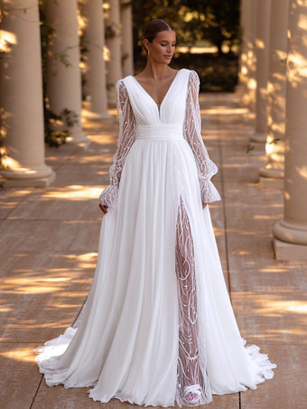 ボヘミアンウェディングドレス、トレーン付きAライン、長袖、レース、Vネック、ブライダルガウン