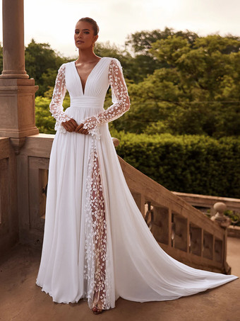 WhiteBoho Wedding Dress With Train A-Line Long Sleeves Lace V-Neck Bridal Dresses