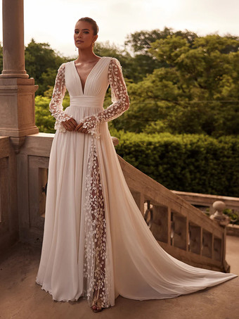 ボヘミアンウェディングドレス、トレーン付きAライン、長袖、レース、Vネック、ブライダルドレス