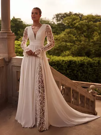 Boho Wedding Dress With Train A-Line Long Sleeves Lace V-Neck Bridal Dresses  - Milanoo.com
