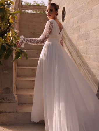 Boho Wedding Dress With Train A-Line Long Sleeves Lace V-Neck Bridal Dresses
