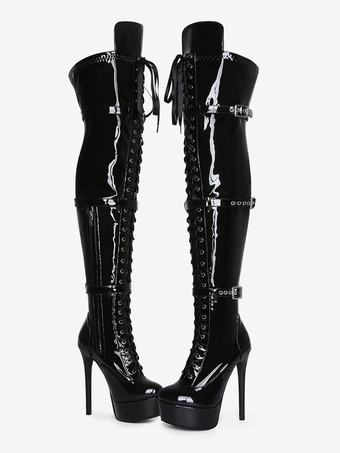 ブラックのセクシーなサイハイブーツ。レディースプラットフォームバックルディテールのレースアップオーバーニーブーツ。