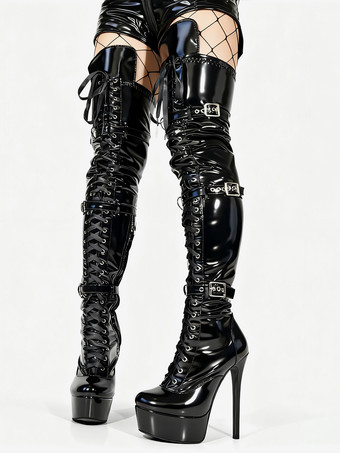 ブラックのセクシーなサイハイブーツ。レディースプラットフォームバックルディテールのレースアップオーバーニーブーツ。