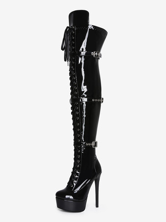 ブラック ブラックのセクシーなサイハイブーツ。レディースプラットフォームバックルディテールのレースアップオーバーニーブーツ。