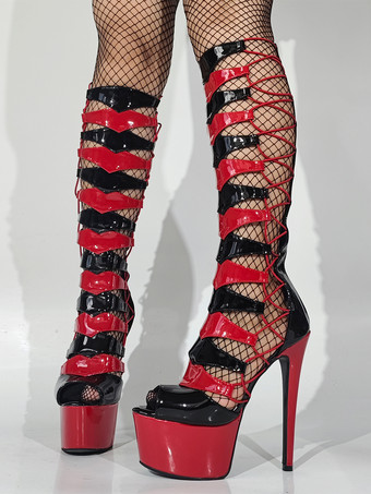 セクシーなハイヒールブーツ ユニセックス プラットフォーム オープントゥ レースアップ サンダルブーツ