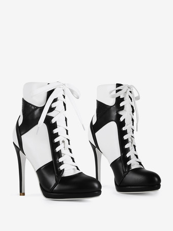 ホワイトアンクルブーツ レディース ポインテッドトゥ パッチワーク レースアップ ハイヒール ブーティ