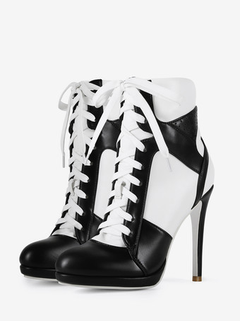 ホワイトアンクルブーツ レディース ポインテッドトゥ パッチワーク レースアップ ハイヒール ブーティ