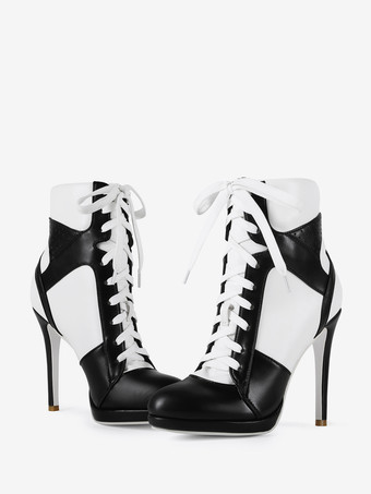 ホワイトアンクルブーツ レディース ポインテッドトゥ パッチワーク レースアップ ハイヒール ブーティ