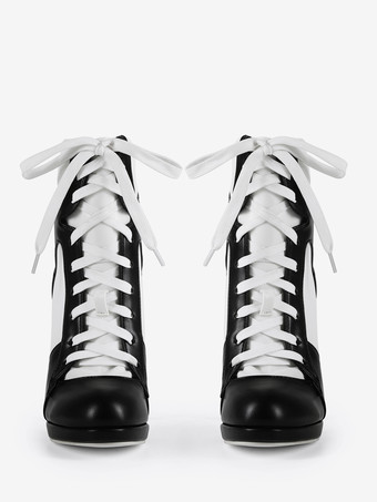 ホワイトアンクルブーツ レディース ポインテッドトゥ パッチワーク レースアップ ハイヒール ブーティ