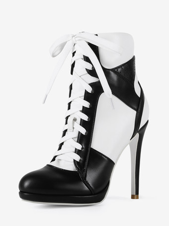 ホワイト ホワイトアンクルブーツ レディース ポインテッドトゥ パッチワーク レースアップ ハイヒール ブーティ