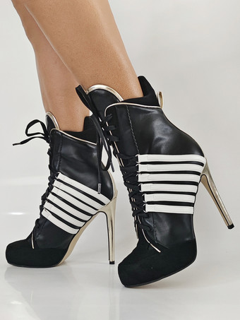 レディース アンクルブーツ ホワイト ポインテッドトゥ ハイヒール レースアップ ブーティ