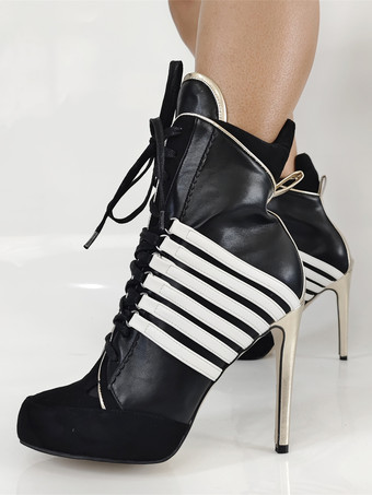 ブラック レディース アンクルブーツ ホワイト ポインテッドトゥ ハイヒール レースアップ ブーティ