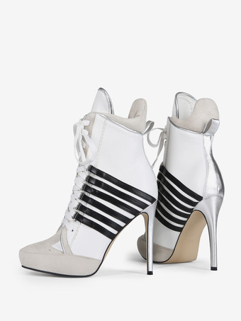 レディース アンクルブーツ ホワイト ポインテッドトゥ ハイヒール レースアップ ブーティ