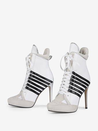 レディース アンクルブーツ ホワイト ポインテッドトゥ ハイヒール レースアップ ブーティ