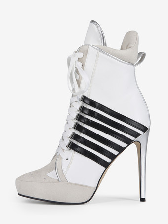 レディース アンクルブーツ ホワイト ポインテッドトゥ ハイヒール レースアップ ブーティ