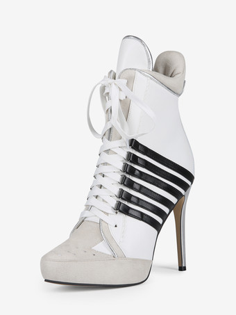 ホワイト レディース アンクルブーツ ホワイト ポインテッドトゥ ハイヒール レースアップ ブーティ
