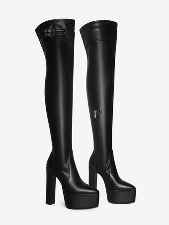 ブラックのサイハイブーツ、プラットフォームバックルディテール、チャンキーヒール、オーバーニーブーツ