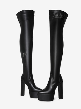 ブラックのサイハイブーツ、プラットフォームバックルディテール、チャンキーヒール、オーバーニーブーツ