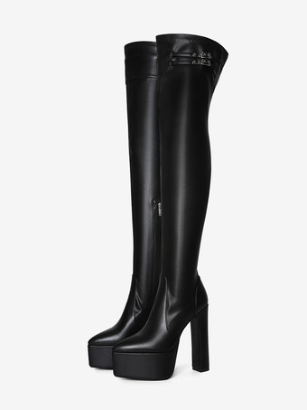 ブラックのサイハイブーツ、プラットフォームバックルディテール、チャンキーヒール、オーバーニーブーツ