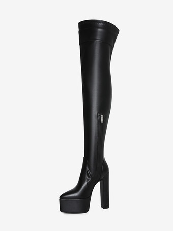ブラックのサイハイブーツ、プラットフォームバックルディテール、チャンキーヒール、オーバーニーブーツ