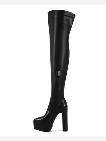 ブラックのサイハイブーツ、プラットフォームバックルディテール、チャンキーヒール、オーバーニーブーツ