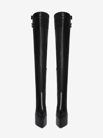 ブラックのサイハイブーツ、プラットフォームバックルディテール、チャンキーヒール、オーバーニーブーツ