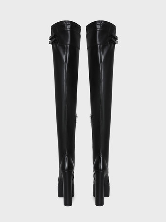 ブラックのサイハイブーツ、プラットフォームバックルディテール、チャンキーヒール、オーバーニーブーツ