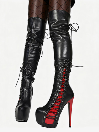 セクシーなサイハイブーツ ユニセックス プラットフォーム レースアップ ハイヒール オーバーニーブーツ
