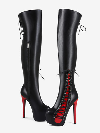 セクシーなサイハイブーツ ユニセックス プラットフォーム レースアップ ハイヒール オーバーニーブーツ