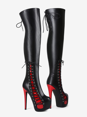 セクシーなサイハイブーツ ユニセックス プラットフォーム レースアップ ハイヒール オーバーニーブーツ
