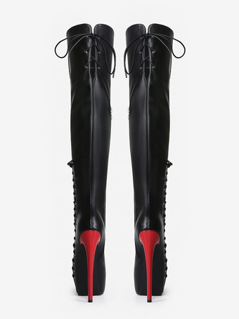 セクシーなサイハイブーツ ユニセックス プラットフォーム レースアップ ハイヒール オーバーニーブーツ