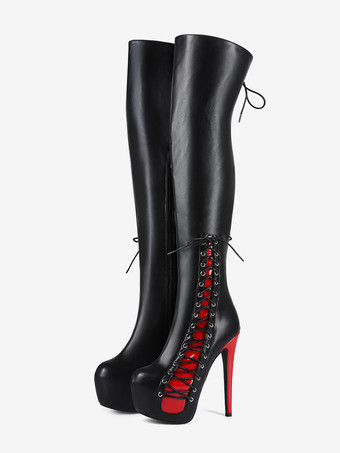 セクシーなサイハイブーツ ユニセックス プラットフォーム レースアップ ハイヒール オーバーニーブーツ