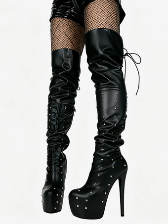 ブラック レディースセクシーブーツ プラットフォーム オープントゥ ビーズハイヒール オーバーニーブーツ