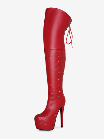 レッド レディースセクシーブーツ プラットフォーム オープントゥ ビーズハイヒール オーバーニーブーツ