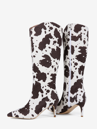 レディースニーハイブーツ ホースヘア ポインテッドトゥ 柄ハイヒールブーツ
