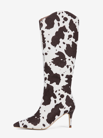 レディースニーハイブーツ ホースヘア ポインテッドトゥ 柄ハイヒールブーツ