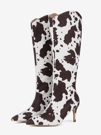 レディースニーハイブーツ ホースヘア ポインテッドトゥ 柄ハイヒールブーツ