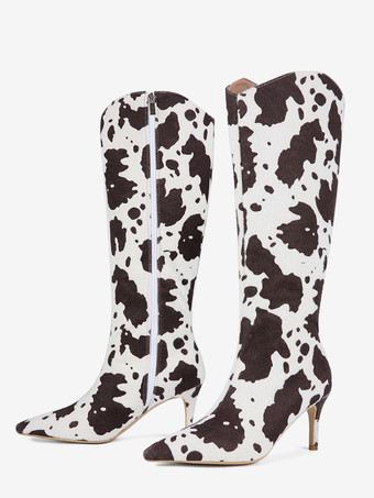 レディースニーハイブーツ ホースヘア ポインテッドトゥ 柄ハイヒールブーツ